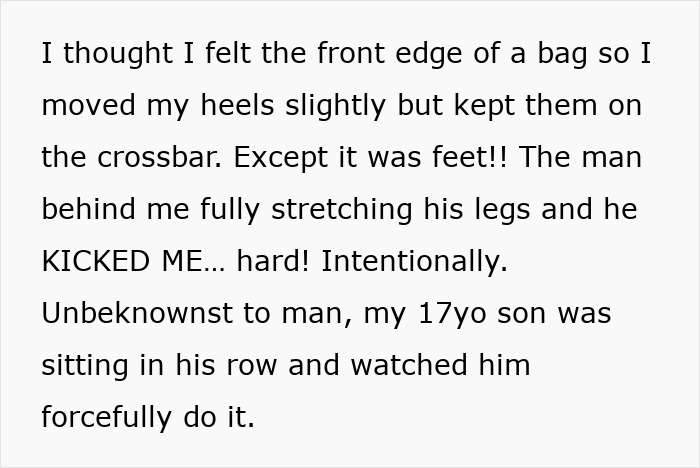 Text describing being kicked under the seat by an entitled man, and his claim over seat space.