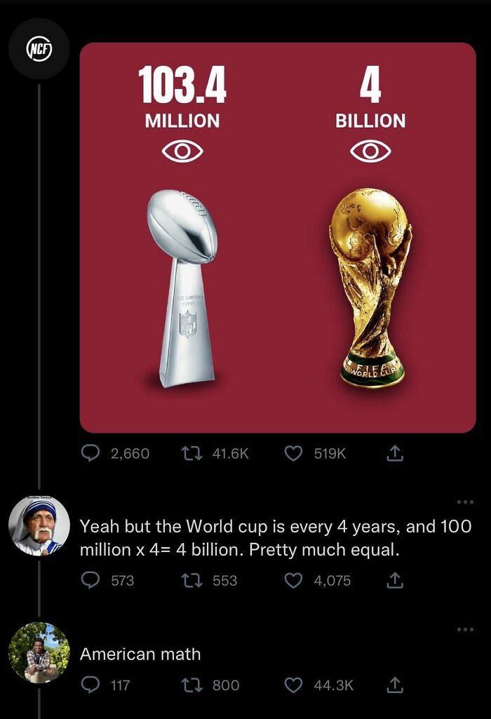 Comparison meme of Super Bowl and World Cup viewership with incorrect math discussion