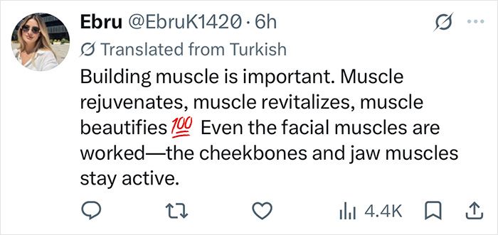 Tweet explaining how muscle building affects facial features in relation to the supermodel viral transformation