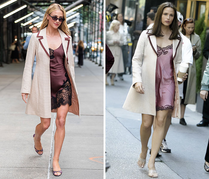 Side-by-side of Hollywood star recreating iconic movie looks from 13 Going on 30 with Jennifer Garner