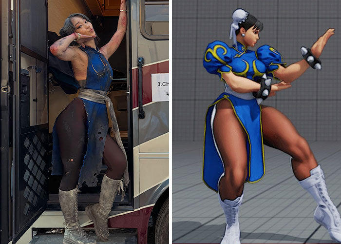 Hollywood actress in a Chun-Li cosplay costume next to the original video game character Hollywood actress in a Chun-Li cosplay costume next to the original video game character