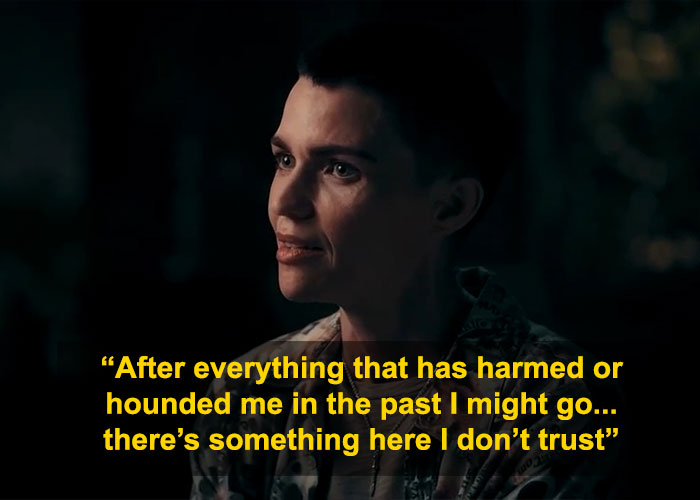 Ruby Rose speaking with text about not trusting something Ruby Rose speaking with text about not trusting something