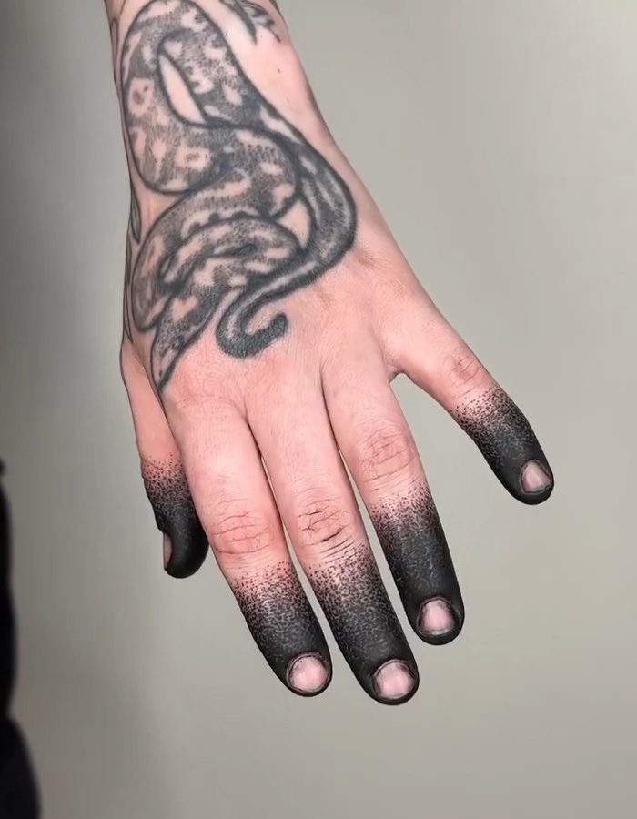 Close-up of a hand with a snake tattoo and black-gradient fingertip tattoo dotwork. Close-up of a hand with a snake tattoo and black-gradient fingertip tattoo dotwork.