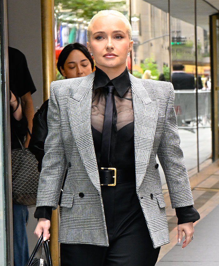 Actress Hayden Panettiere wearing a stylish grey plaid blazer and black tie walking outdoors. Actress Hayden Panettiere wearing a stylish grey plaid blazer and black tie walking outdoors.
