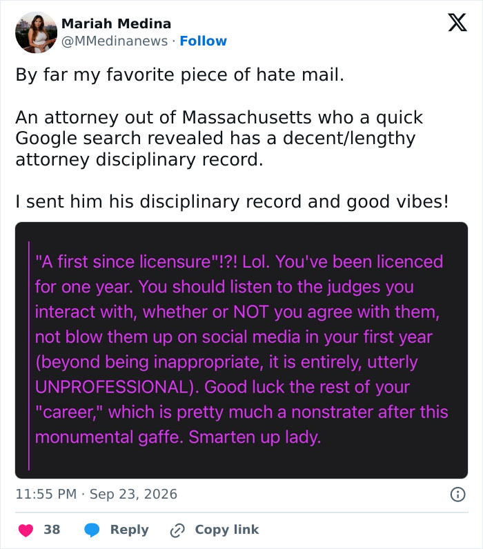 A screenshot of a hostile message received by the lawyer, discussing the inappropriate dress controversy