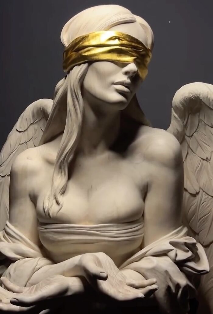 A lifelike wood sculpture of a blindfolded female angel with golden cloth, by a Polish artist