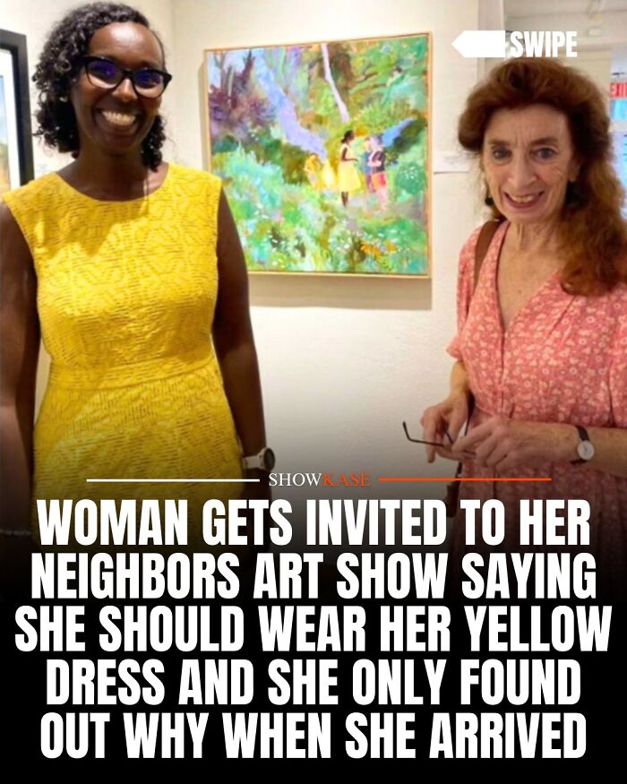A smiling woman wearing a yellow dress next to her neighbor at an art show, one of many wholesome stories.