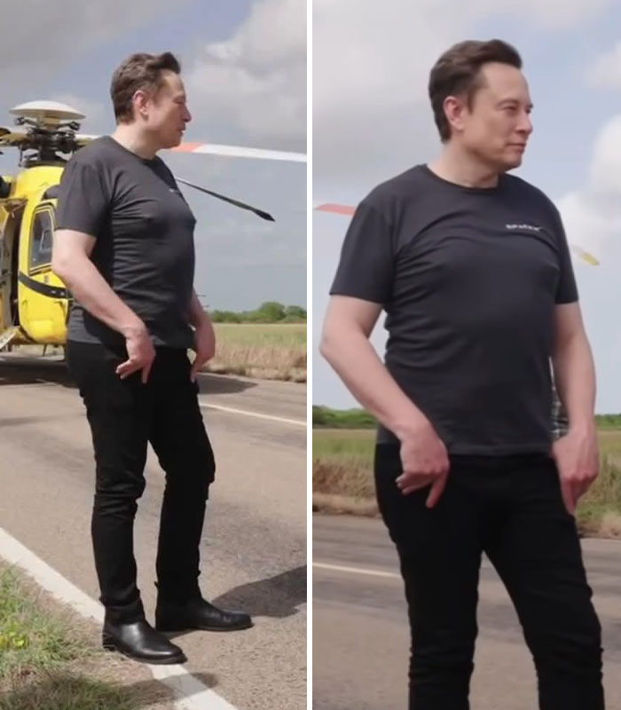 Side view profile of Elon Musk standing outdoors during a spaceport visit