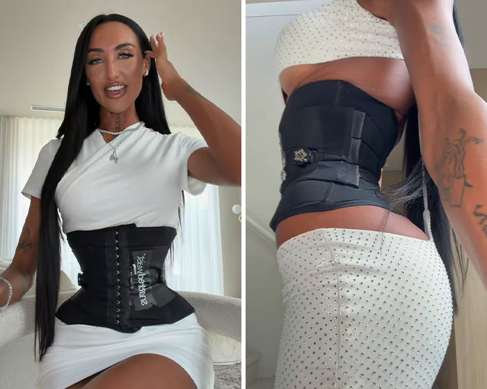 An influencer showing her extremely narrow waist after a controversial plastic surgery procedure An influencer showing her extremely narrow waist after a controversial plastic surgery procedure