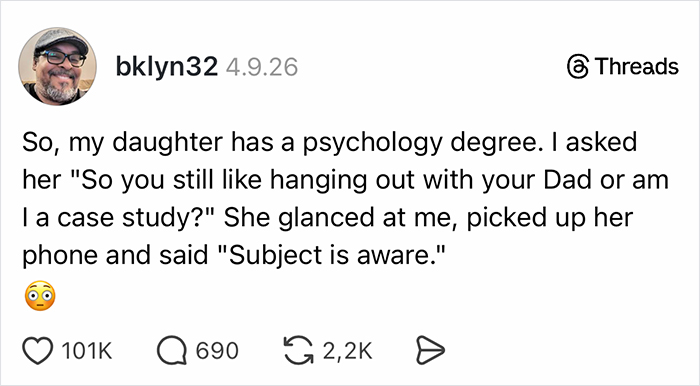 Social media post of parents sharing stories about a daughter jokingly treating her dad as a psychology case study.