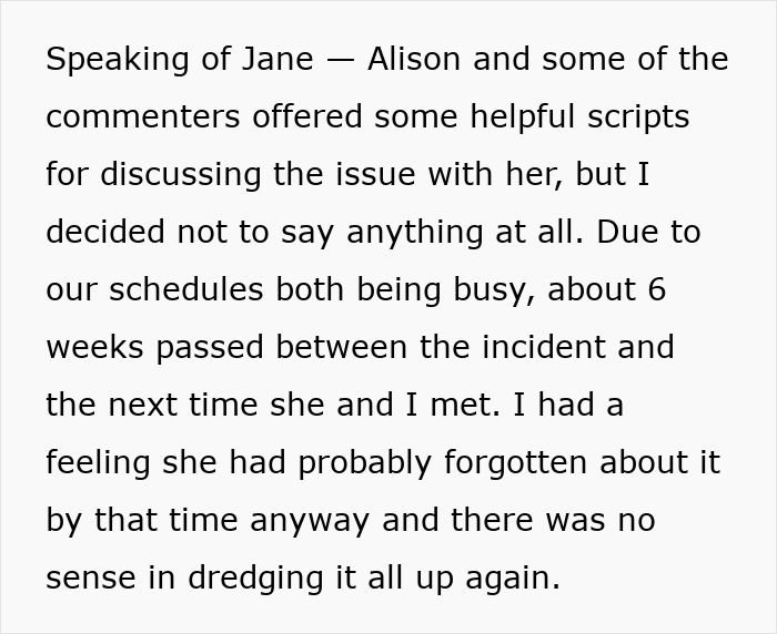 A black on white text post explaining why the narrator did not discuss a mentor gender-biased issue with Jane. A black on white text post explaining why the narrator did not discuss a mentor gender-biased issue with Jane.