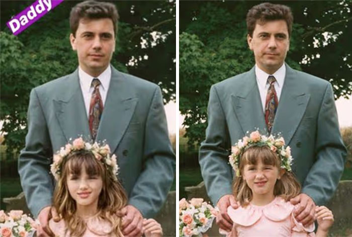 Side-by-side images of a man and a young girl, showcasing a Photoshop fail with the man's hands on her shoulders.