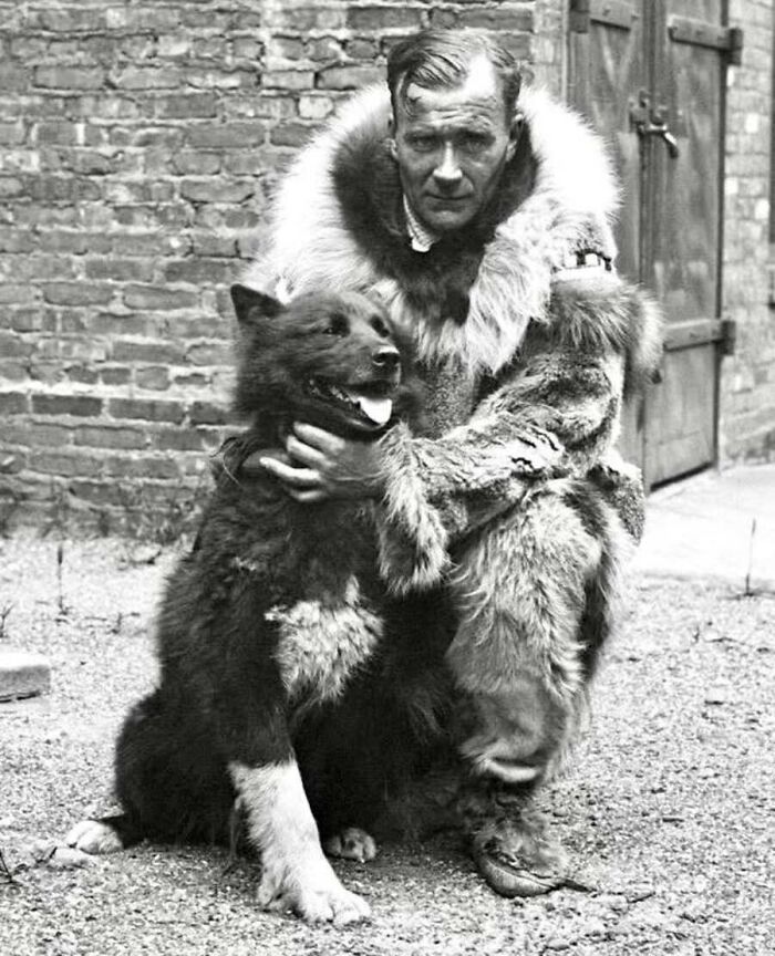Leonhard Seppala holding Togo, the famous sled dog, from old photos of animals.