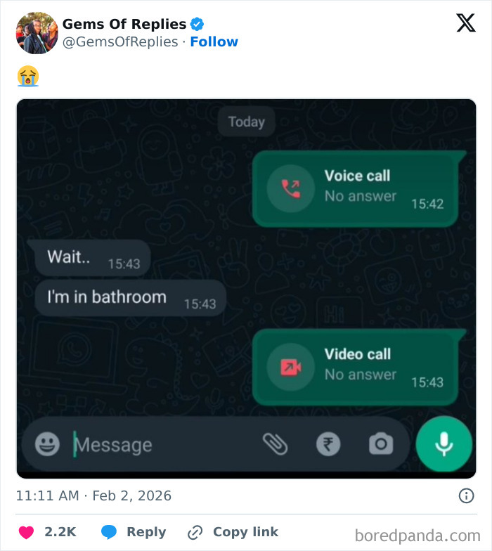A perfect reply in a text exchange, where a person is receiving calls while in the bathroom.