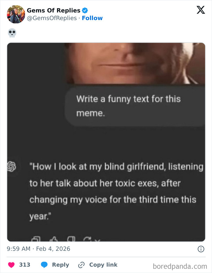 A perfect reply to a meme featuring a man's face, asking for a funny text.