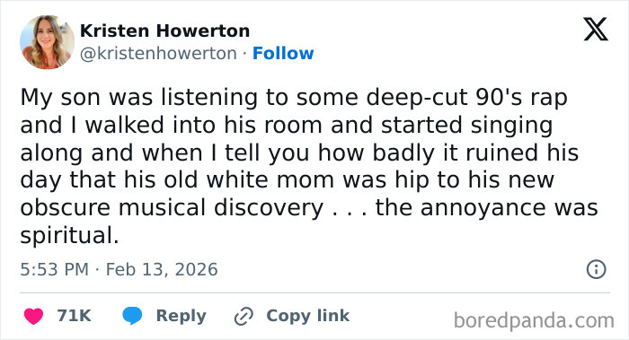 A tweet by Kristen Howerton about her son's reaction to her singing, a chucklesome moment reflecting on family relationships and life.