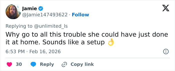 A social media post from Jamie, saying, 'Why go to all this trouble she could have just done it at home. Sounds like a setup 👇' about the mom who ended daughter's life. A social media post from Jamie, saying, 'Why go to all this trouble she could have just done it at home. Sounds like a setup 👇' about the mom who ended daughter's life.