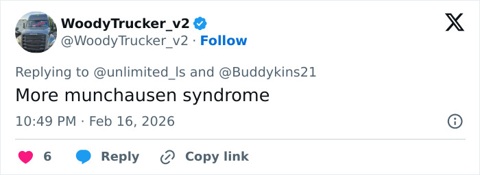 A tweet by WoodyTrucker_v2 commenting on munchausen syndrome related to a mom ending her daughter's life in Las Vegas. A tweet by WoodyTrucker_v2 commenting on munchausen syndrome related to a mom ending her daughter's life in Las Vegas.