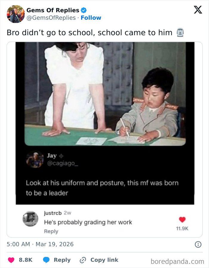 A perfect reply to an image of a young boy in a suit, suggesting he's grading work.