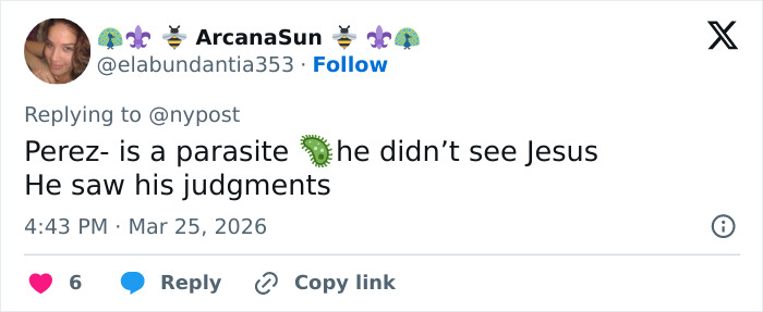 A social media user comments on Perez Hilton's crisis, calling him a parasite and discussing his judgments. A social media user comments on Perez Hilton's crisis, calling him a parasite and discussing his judgments.