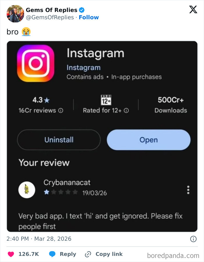 A screenshot of a funny comment reply on an Instagram app review, highlighting perfect replies in comments.