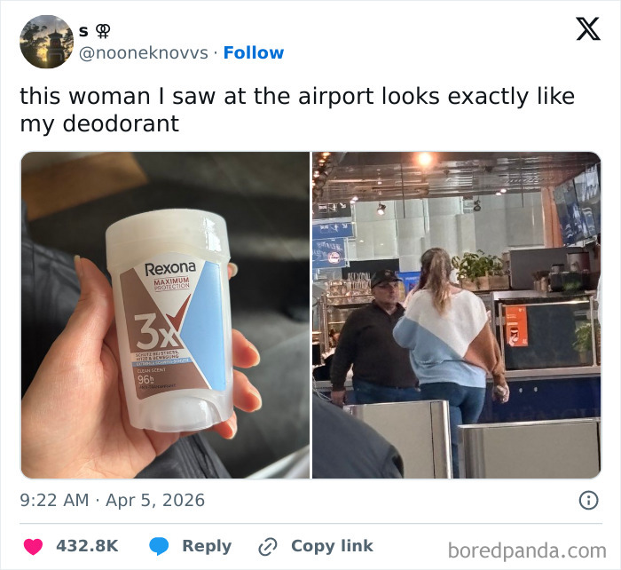 A tweet showing a deodorant bottle next to a woman at the airport who resembles the bottle, a hilarious and weird thing.