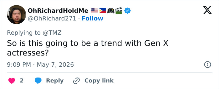 Screenshot of a tweet by OhRichardHoldMe asking So is this going to be a trend with Gen X actresses? Screenshot of a tweet by OhRichardHoldMe asking So is this going to be a trend with Gen X actresses?