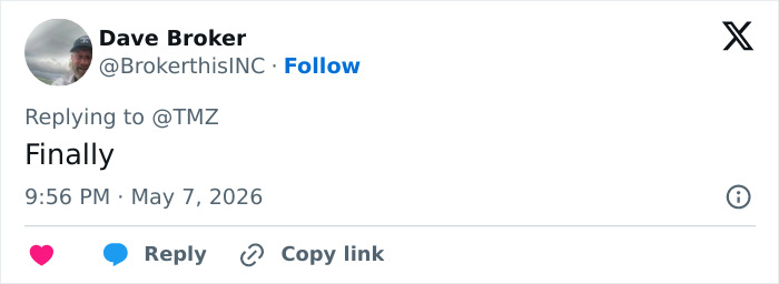A social media comment reading Finally in response to a Hollywood actress hotel meltdown. A social media comment reading Finally in response to a Hollywood actress hotel meltdown.