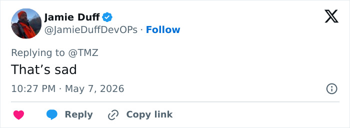 Screenshot of a tweet by Jamie Duff saying Thats sad. Screenshot of a tweet by Jamie Duff saying Thats sad.