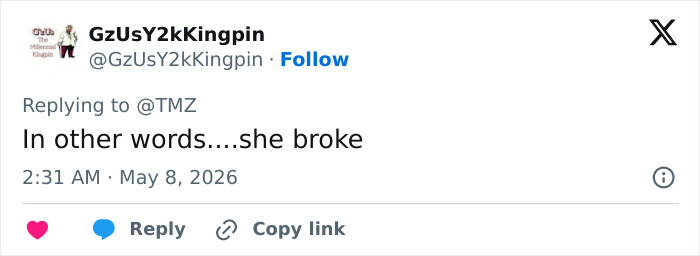 Social media comment suggesting a Hollywood actress is broke after her hotel meltdown. Social media comment suggesting a Hollywood actress is broke after her hotel meltdown.