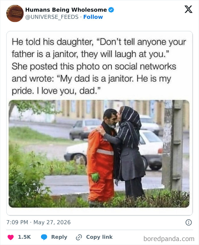 Daughter showing pride in janitor dad with a loving kiss outdoors