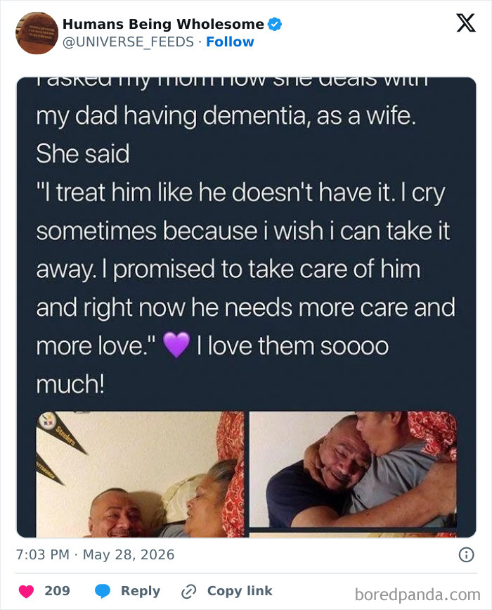 Wholesome moment showing care for a dad with dementia by his wife and family love