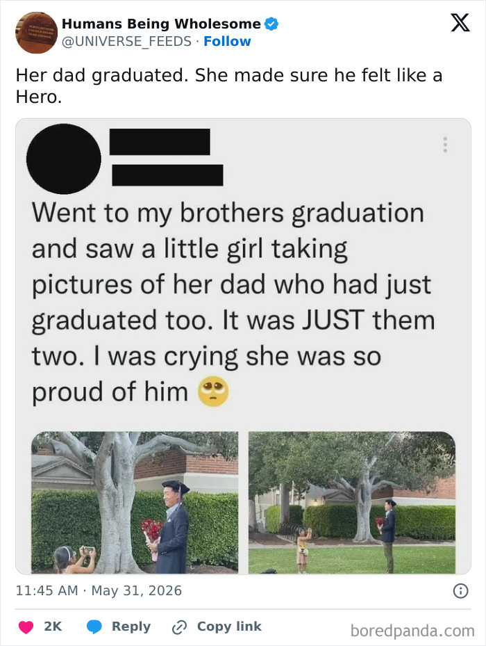 Little girl proudly photographing her grad father at a touching moment
