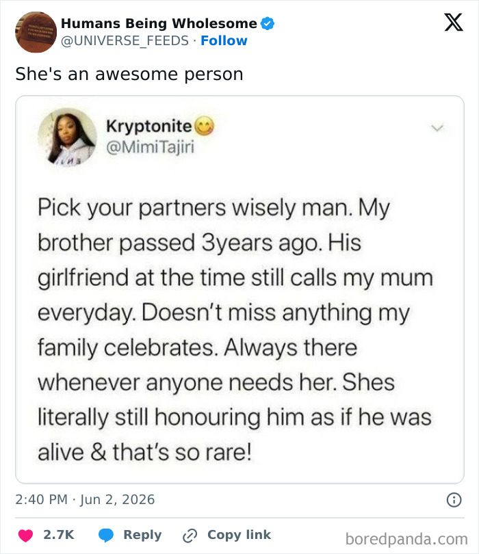 Wholesome story of a girlfriend honoring her late boyfriend by supporting his family