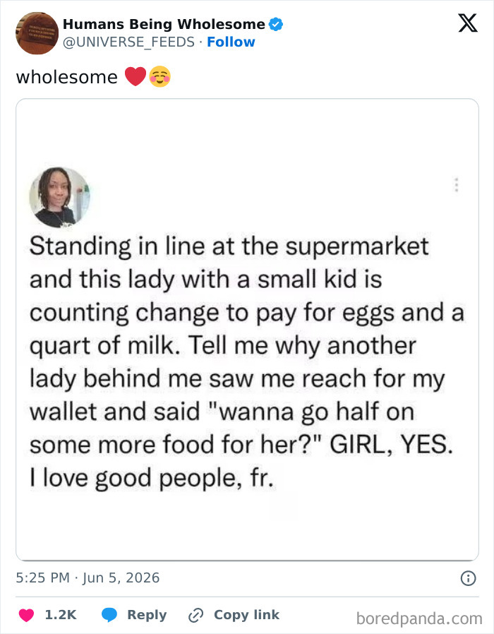 Good people sharing food kindness story in supermarket queue