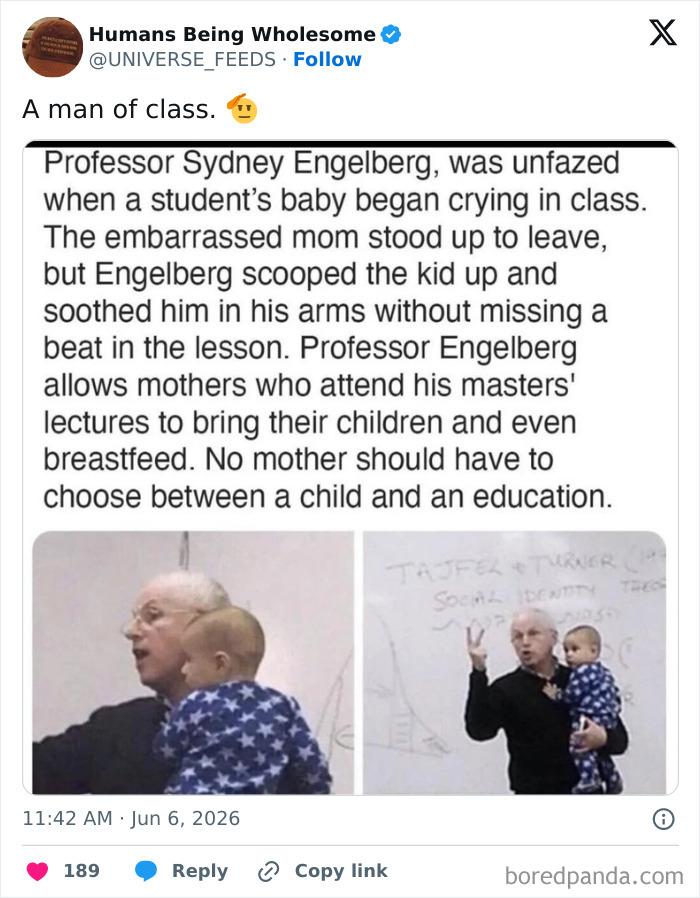 Professor comforting a crying baby in class, supporting mothers to attend lectures