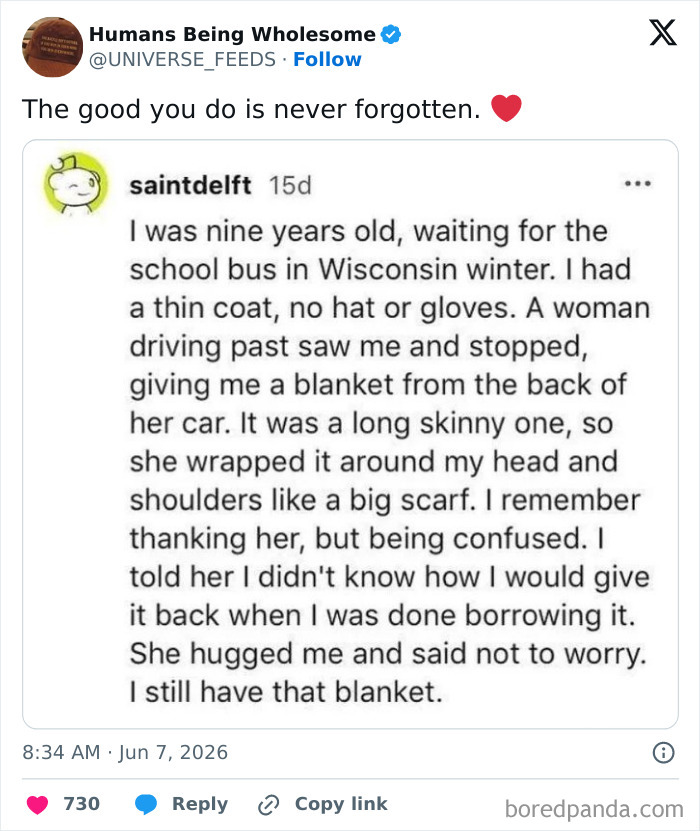 Heartwarming story about a woman giving a blanket to a child in Wisconsin winter