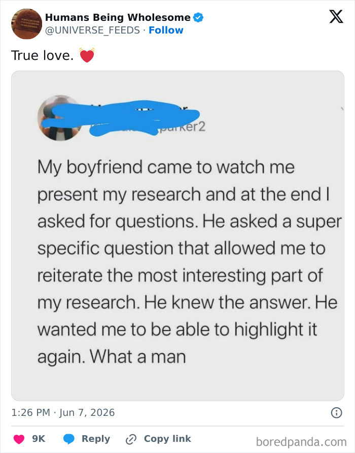 Wholesome moment of true love supporting research presentation shared online