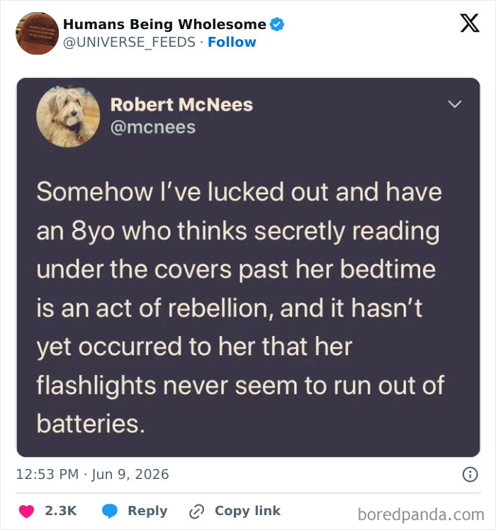 Wholesome moment about an 8-year-old secretly reading past bedtime with endless flashlight batteries