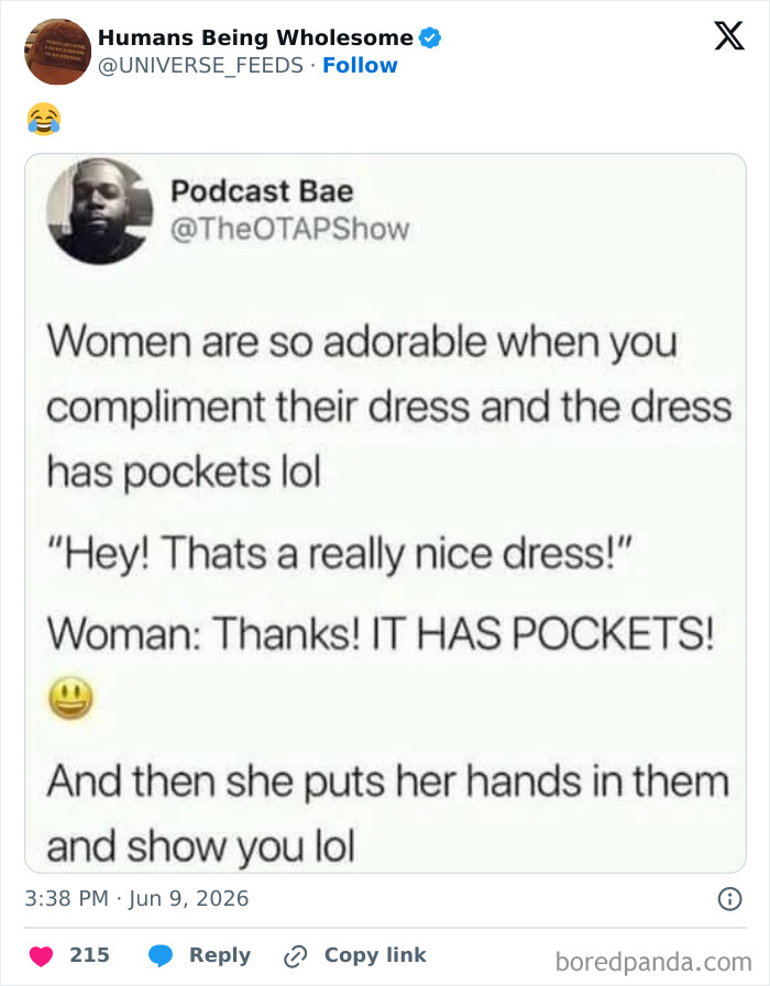 Funny wholesome tweet about women loving dresses with pockets and showing them proudly