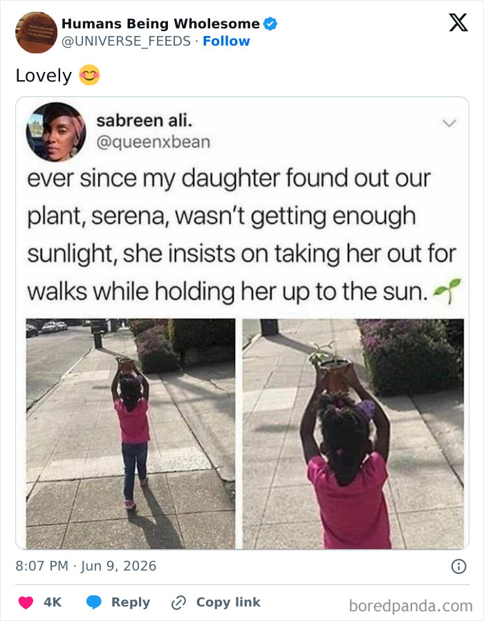 Wholesome moment a daughter takes her plant outside for sunlight during a walk