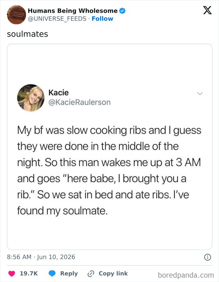 Wholesome tweet about a boyfriend bringing ribs at 3 AM showing soulmate love