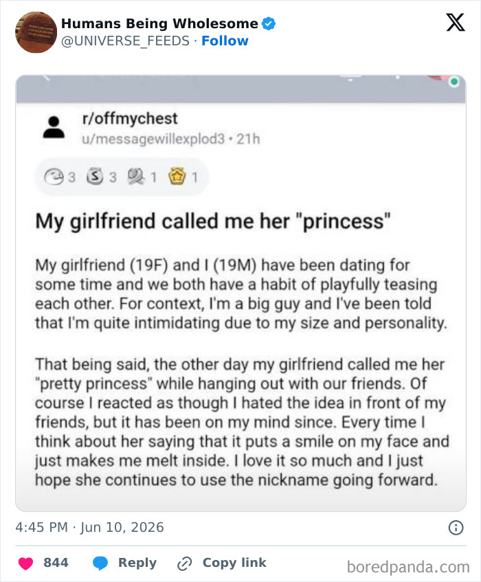 Reddit post about a girlfriend playfully calling her boyfriend her princess