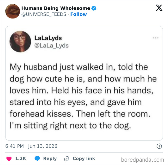 Husband showing love to dog with forehead kisses in a wholesome moment