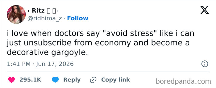 A funny tweet about avoiding stress, comparing it to unsubscribing from the economy and becoming a decorative gargoyle, a bit unhinged.