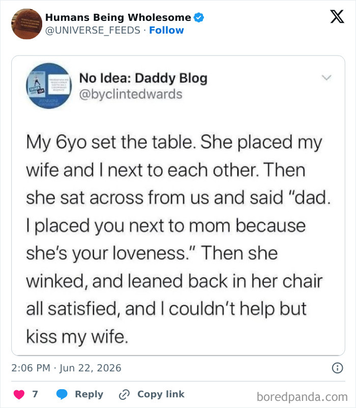 Wholesome 6-year-old sets table placing parents next to each other with loving gesture