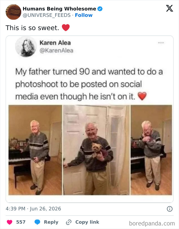 Sweet photoshoot of a 90-year-old father wanting pictures posted on social media despite not being in them