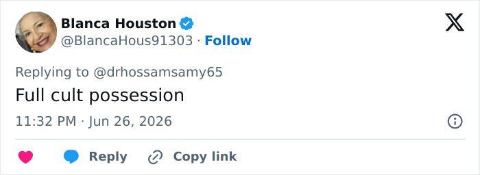 A social media comment about Trump Aide Natalie Harp calling it full cult possession