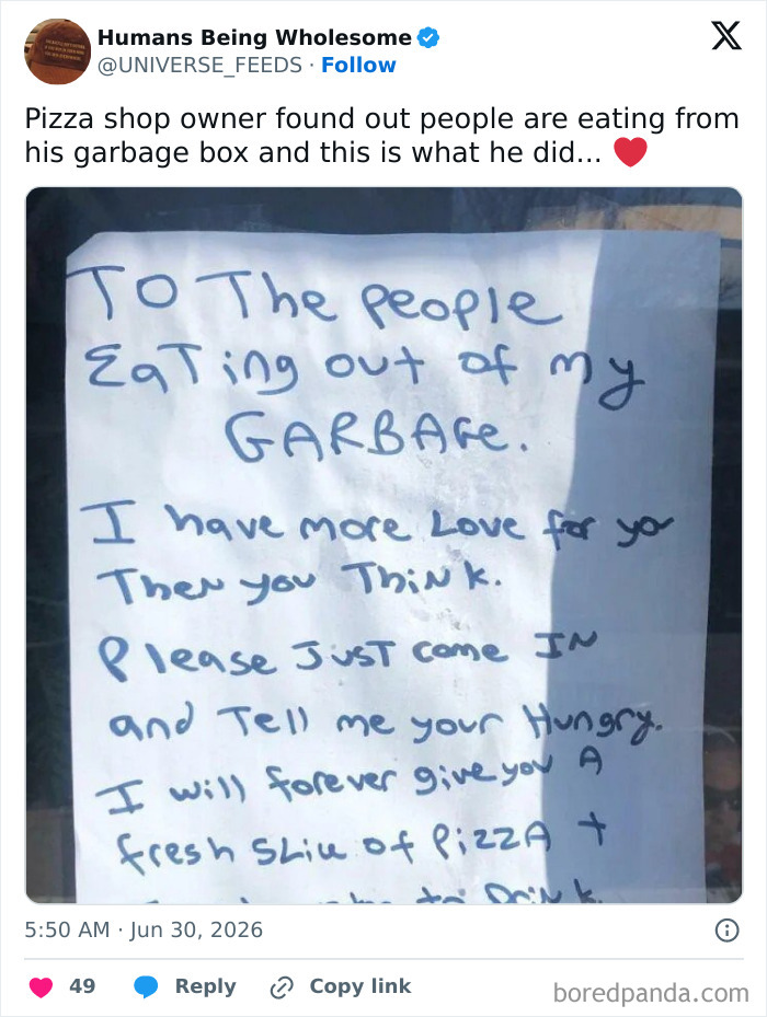 Pizza shop owner leaves note inviting people eating from garbage inside for fresh pizza