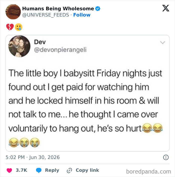 Babysitting boy locks himself in room after learning caregiver gets paid, feeling hurt